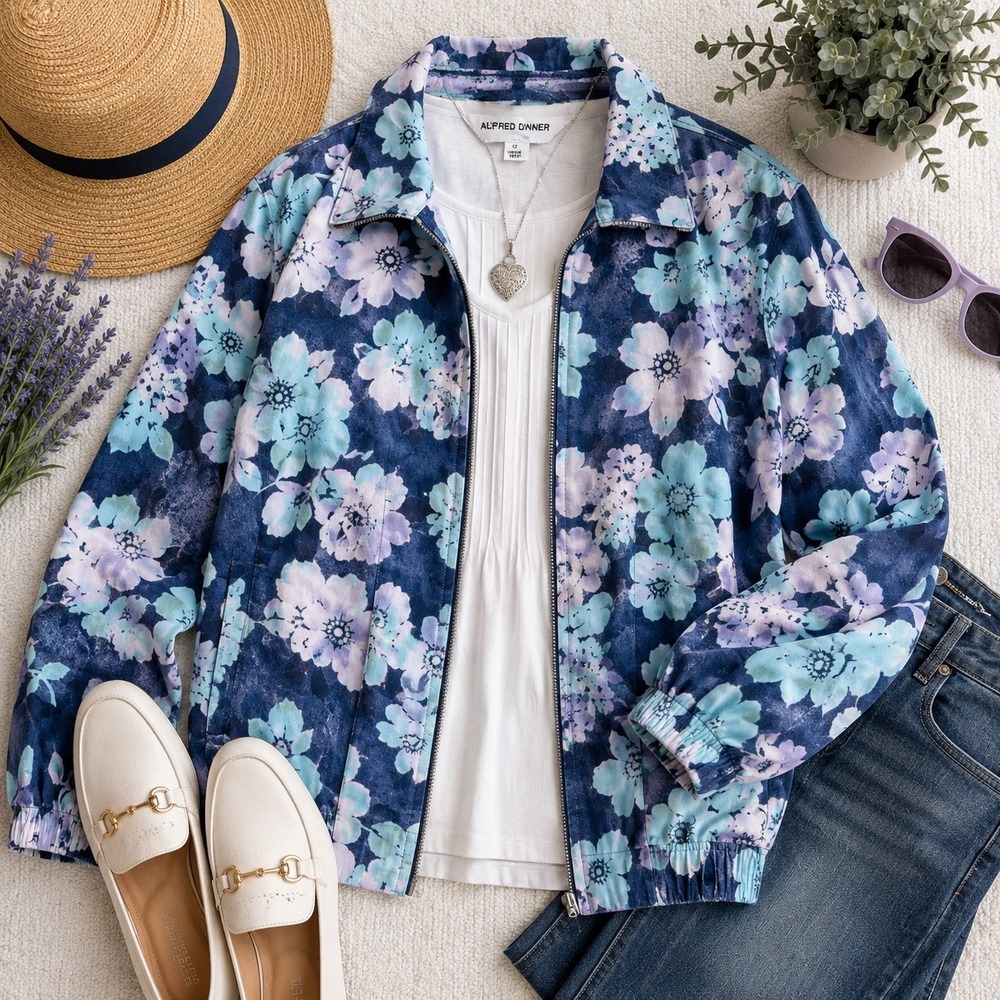 Alfred Dunner Floral coastal grandma Zip Up Jacket 12 Blue Purple Cotton Stretch